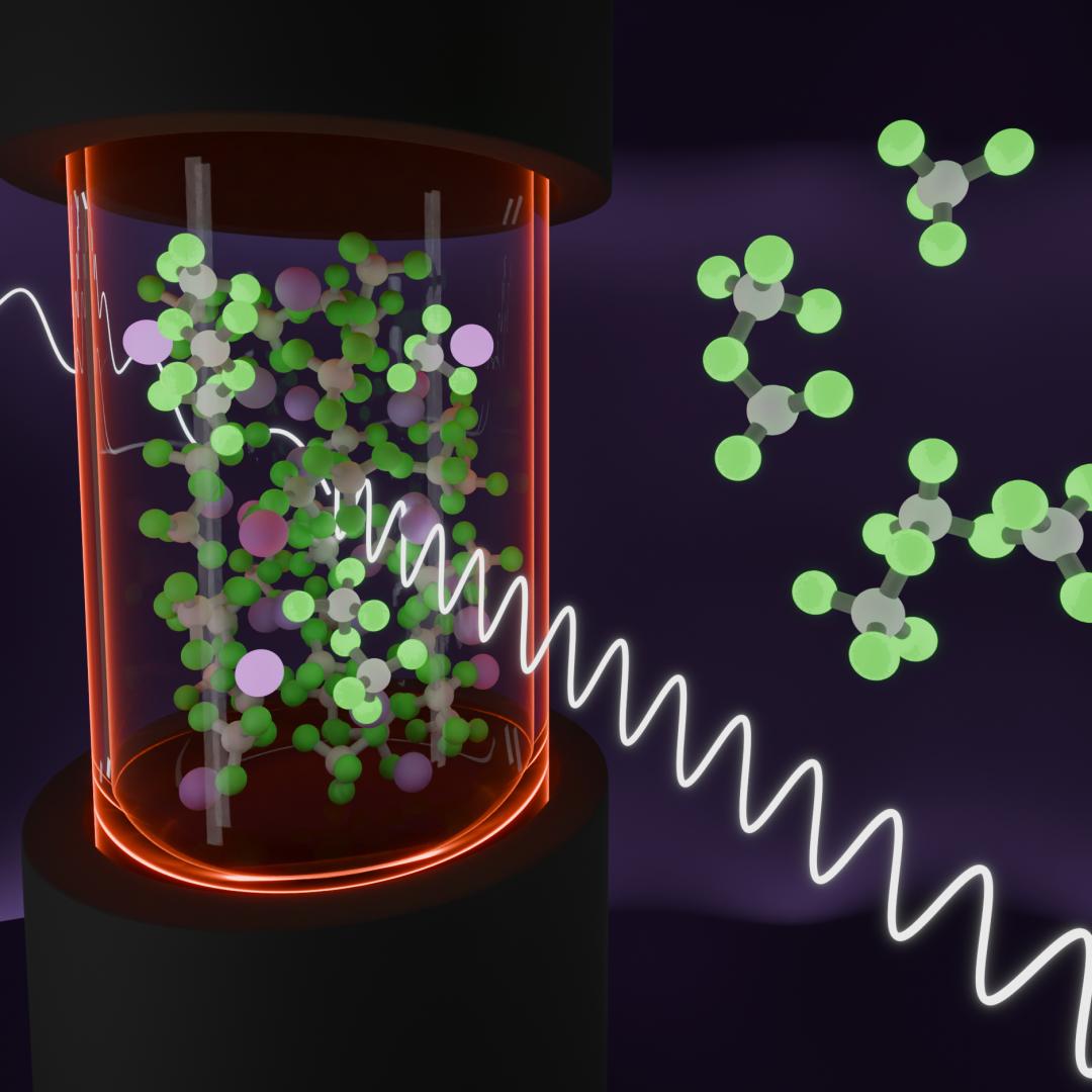 Red tube holds a cluster of green and purple dots (hundreds of dots) while a long white line runs across the image, giving the appearance of waves. 