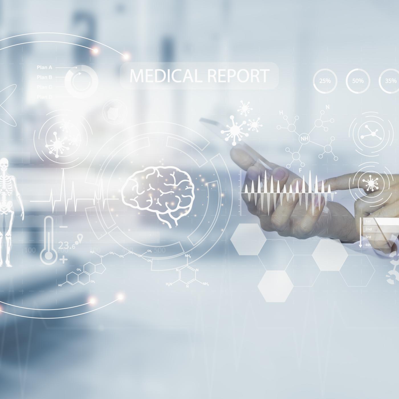 Stock image of a person in a doctor's coat pointing to white graphics if a person, world and dots, symbolizing the artificial intelligence technology used for cancer pathology