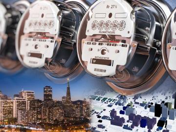 Four thermometers are pictured across the top of the image with an image of a city in the bottom left, with a color block version of that city in the bottom right. 