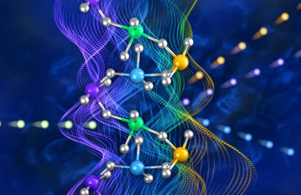 ORNL researchers observed that atomic vibrations in a twisted crystal result in winding energetic waves that govern heat transport, which may help new materials better manage heat. Credit: Jill Hemman/ORNL, U.S. Dept. of Energy